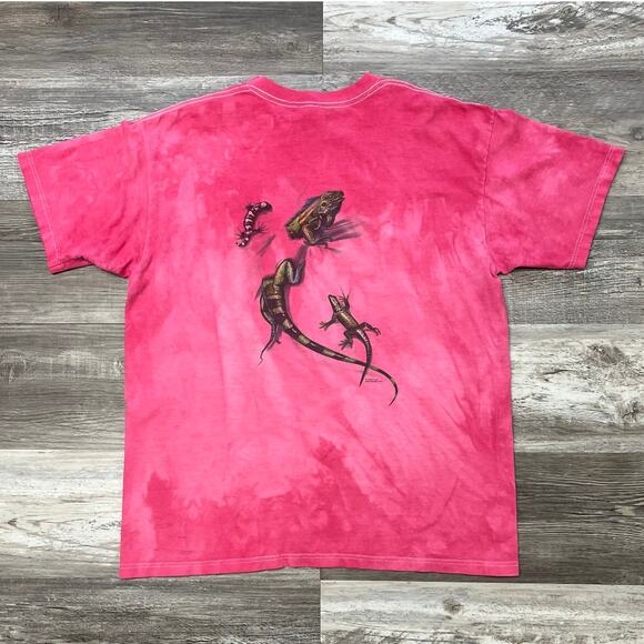 Vintage 90s Anvil Lizards Iguana Gecko Pink Green Mens Large Tie Dye T-Shirt - Picture 1 of 8